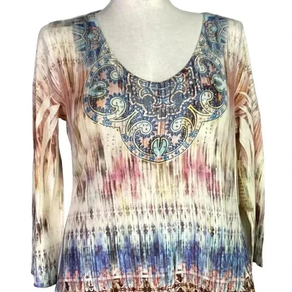 One World Women XL Studded Sharkbite Geometric Top Blue Multicolor 3/4 Sleeves - Picture 2 of 11